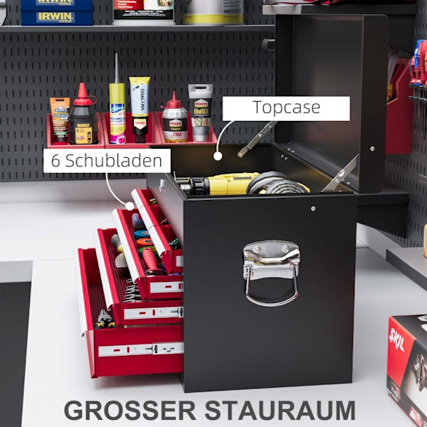 Rootz Tool Box - Låsbar förvaring - 3 lådor Organizer - Slitstarkt stål - Effektiv verktygshantering - 60cm x 26cm x 34cm - Röd+svart