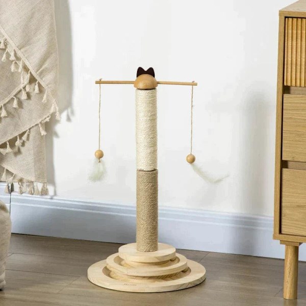 Rootz skrapstolpe - Kattträd - Cat Tower - Kitty Activity Center - Med skivspelare interaktiv bollleksak - Naturlig - 32cm x 32cm x 56cm