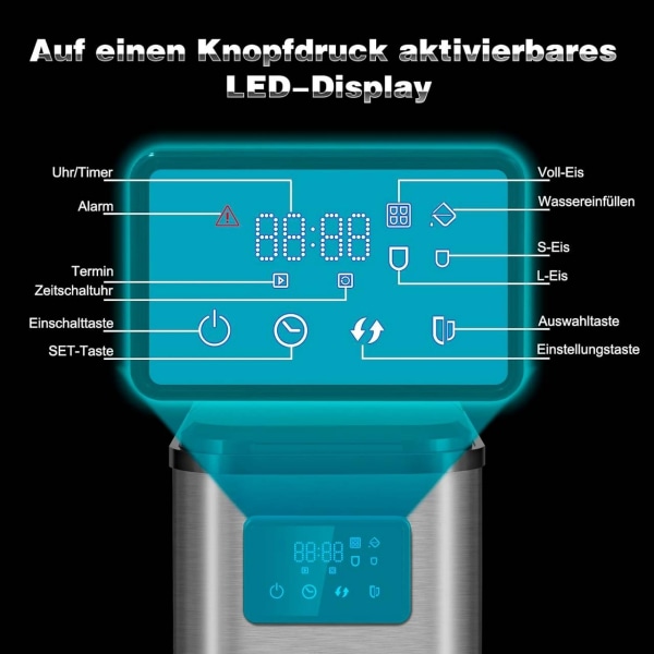 Rootz Ice Cube Maker - Jääpalakone - Jäänvalmistaja - Tehokas tuotanto, Itsepuhdistuva, LED-näyttö - 36,7 cm x 30,1 cm x 24 cm - Hopea