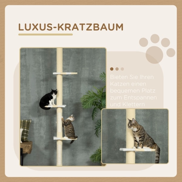 Rootz golv-till-tak kattträd - Justerbar kattskrapstolpe - Klättertorn - Furu - Mjuk plysch - Spånskiva - 47cm x 34cm x 220-260cm