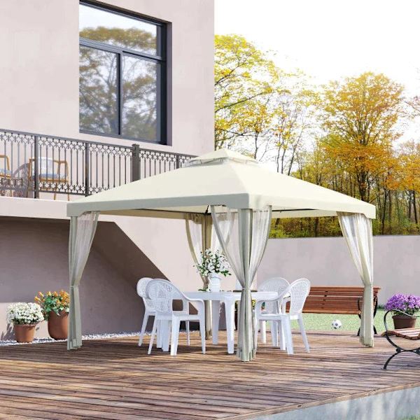 Rootz Gazebo - Trädgårdspaviljong - Paviljongtält - Festtält - Med 4 X sidovägg - Väderbeständig - Metall/Polyester - Krämvit - 2,94 x 2,94 x 2,65 m