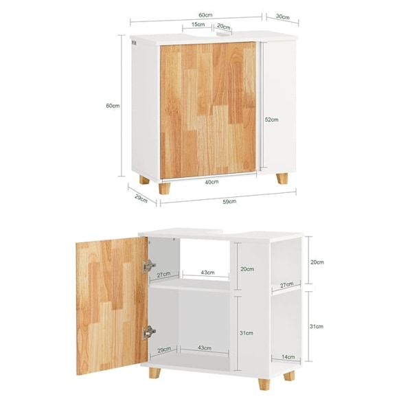Rootz vask underskab - Badeværelsesvask - Opbevaring under vask - MDF og gummitræ - Sifon udskæring - Stabilt design - 60 cm x 60 cm x 29 cm
