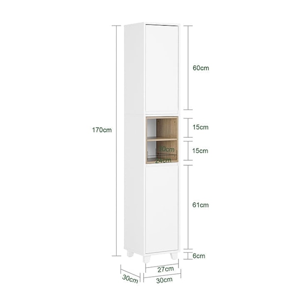 Rootz høje badeværelsesskab - smal opbevaringsenhed - Slim skab - Justerbare hylder - MDF, PB - 30x170x30cm