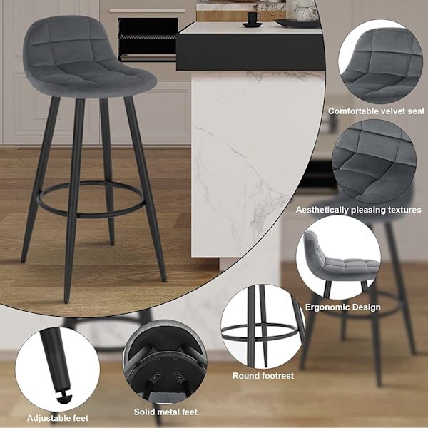 Rootz samettipäällysteinen baarijakkara - Työpöytäjakkara - Keittiöjakkara - Pehmomukavuus - Tukeva metallirunko - Helppo koota - 84cm x 39cm x 31cm