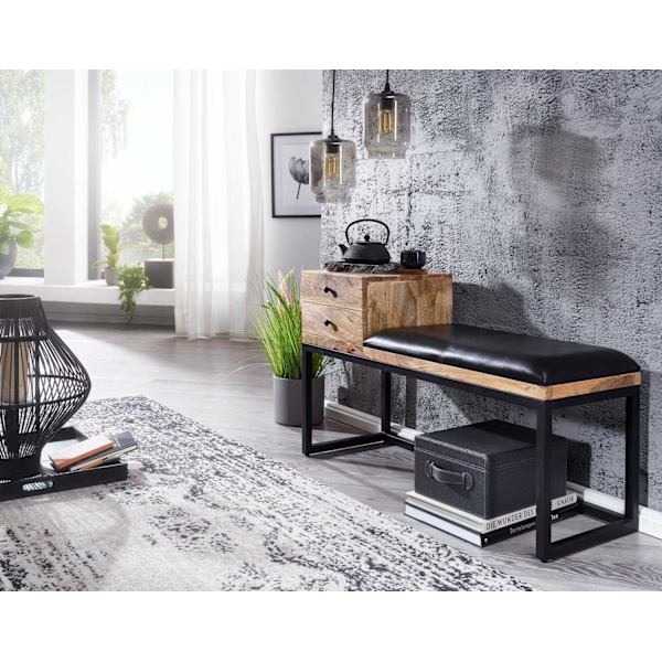 Rootz bänk getskinn - massivträ bänk 100x60x35 cm i retrostil - Hall klädd bänk metall med förvaringsutrymme - Vadderat läder bänk förvaring svart - L
