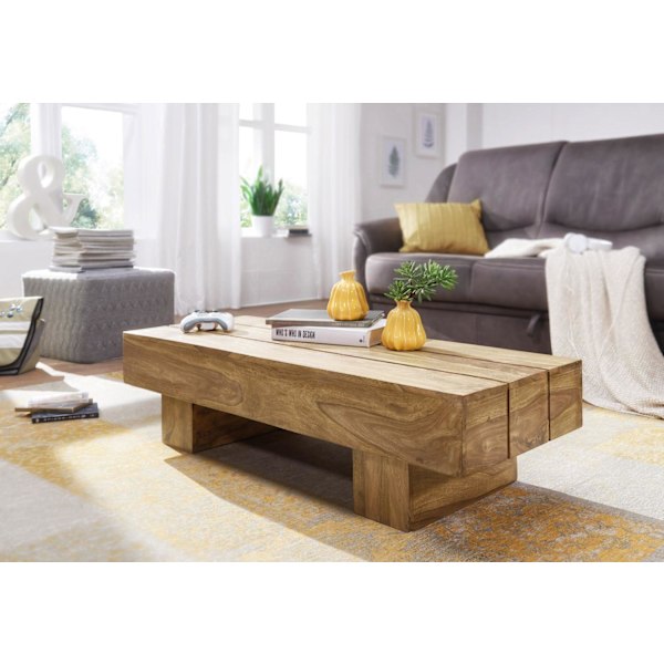 Rootz soffbord massivt trä akacia 120 cm brett design vardagsrumsbord mörkbrunt bord i lantlig stil