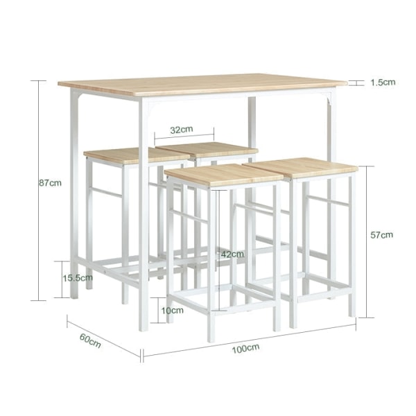 Rootz 5-delt barbordssæt - Bistrobord - Spisestuesæt - Robust metalstel - MDF finerplade - Alsidigt design - Ideel til små rum - Bord: 100 cm x 87 cm
