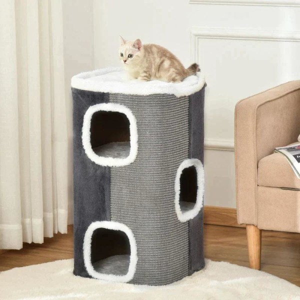 Rootz Cat Scratch Barrel - Kattskrapstolpe - 3 nivåer Cat Tree - Klätterträd för katter - Kattmöbler - Polyester - Grå/Vit - 40 x 40 x 74 cm
