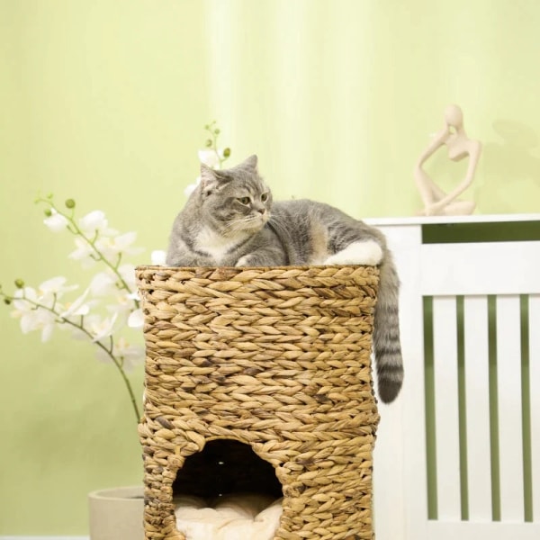 Rootz Cat Cave - 3 Tier 3 Entré - Boho Design med kudde - Ljusbrun + Krämvit - 40cm x 40cm x 73cm