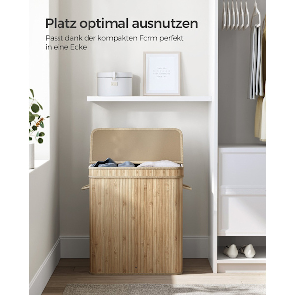 Rootz Natural Bamboo Tvättkorg med lock - Kork - Klädförvaring - Miljövänlig - Lätt - Hållbar - 54,5 cm x 34,5 cm x 61 cm
