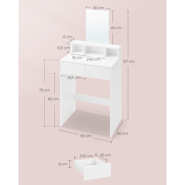 Rootz Toiletbord med spejl og 2 skuffer - Vaskebord - Makeup skrivebord - Hvid - 40 cm x 60 cm x 127 cm - Ingen batterier påkrævet