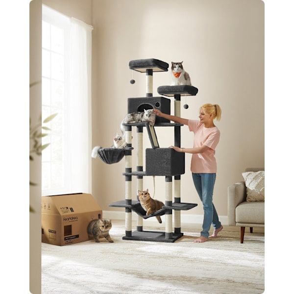 Rootz Large Cat Scratching Post - Kitty Furniture - Multi-Level Scratcher - Ink Black - 60cm x 50cm x 206cm