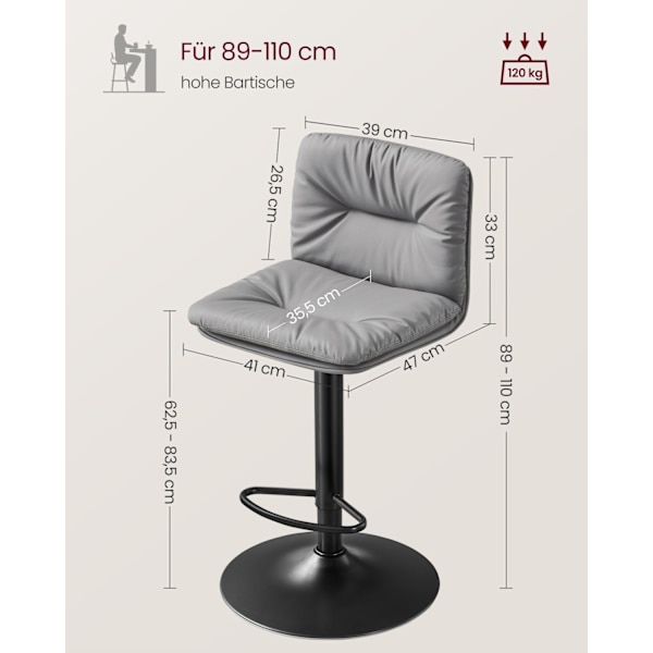 Rootz Grey 2-delads set barstolar - Bänkstolar - Köksö-sittplatser - PU-material - Metallram - Skumstoppning - Justerbar höjd - Kompakt design - Ergon