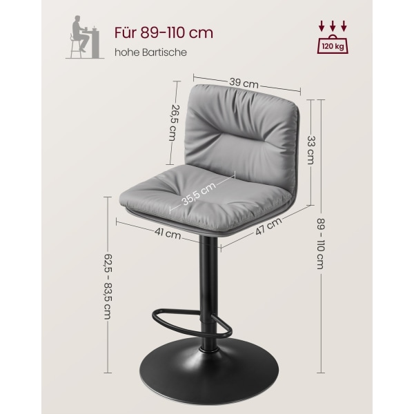 Rootz Grey 2-delt sæt barstole - Bordskamler - Køkkenø-sæder - PU-materiale - Metalramme - Skumpolstring - Justerbar højde - Kompakt design - Ergonomi