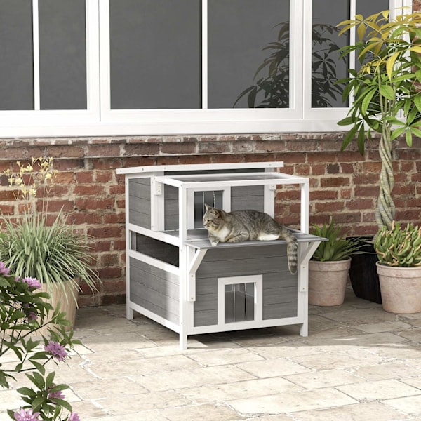 Rootz 2 -Tier Cat House parvekkeella - säänkestävä kissansuoja - ulkokissan retriitti - kuusen puu ja vedenpitävä maali - 64 cm x 87cm x 76 cm