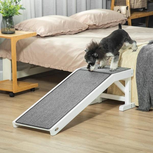 Rootz Pet Ramp - Med halkfri matta - Hundtrappa - Furu - Vit + Grå - 125 x 40 x 35,5 cm