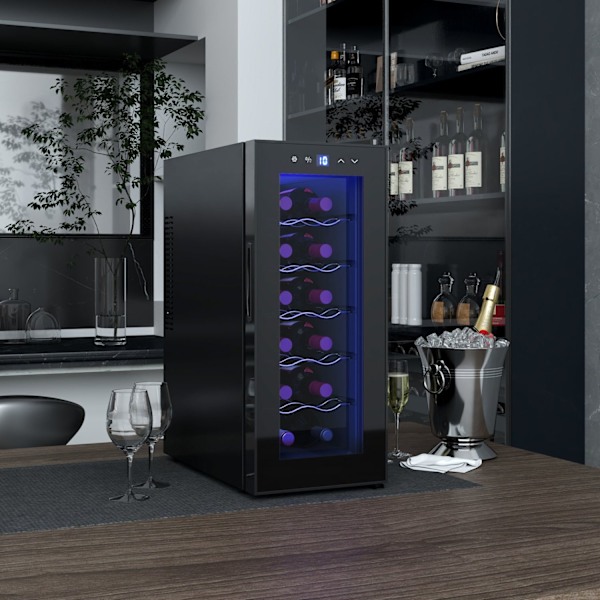 Rootz 12 flaskevin Køleskab - Drinks køleskab - Drikkefremskiftskøler - Energieffektiv - 26,5 cm W x 51,5 cm D x 65 H cm - Berøringsskærm og LED -lys