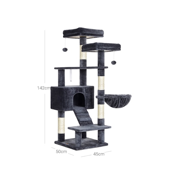 Rootz Multi-Leer Cat Tree - Skrapstolpe - Condo Tower - Förhöjda plattformar - 50cm x 45cm x 142cm - Smoke Grey - Chipboard Plysch Sisal - 14kg