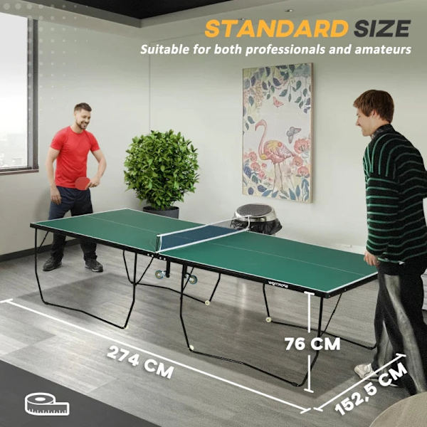 Rootz Bordtennisbord - Fuld størrelse - Sammenfoldelig - 8 hjul - Inklusiv ketchere og bolde - Grøn - 2,74 x 1,52 x 0,76 m