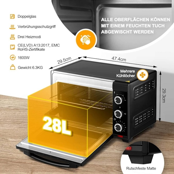 Rootz Mini Ugn - Kompakt elektrisk ugn - Bänkspis - Justerbar temperatur, timerkontroll, mångsidiga tillbehör - Säker dubbelglasdörr - 47,4 cm x 29,5