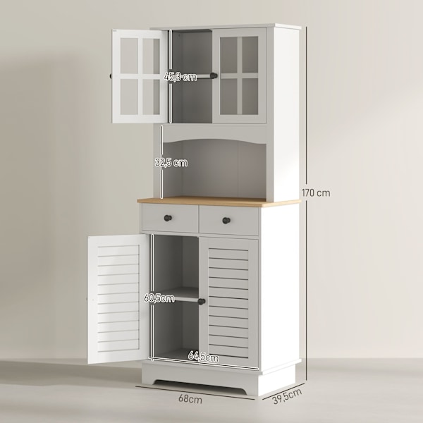 Rootz Kitchen Cabinet med glasdøre - Opbevaring af opvask - Spisestueskab - rigelig opbevaring - 68 x 39,5 x 170 cm, hvidbrun