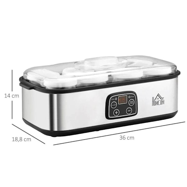 Rootz Yoghurt Maker - Yoghurtmaskine med lcd-skærm - 8 yoghurtdåser med glaslåg - rustfrit stål - glas - sølv - 36 x 18,8 x 14 cm