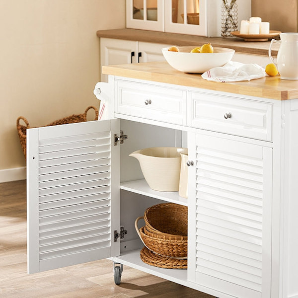 Rootz Kitchen Island Cart - Udvidelig bordplade - Køkkenvogn - Opbevaringsskab - Justerbare hylder - Håndklædeholder - Mobil med 5 hjul - Hvid - 115cm