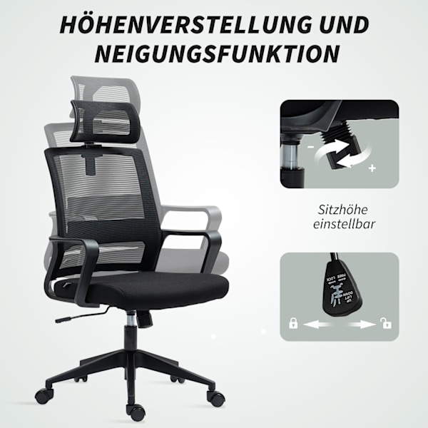 Rootz Justerbar kontorstol - skrivebordsstol - drejestol - Halsstøtte - sort - 60 cm x 64 cm x 102-112cm