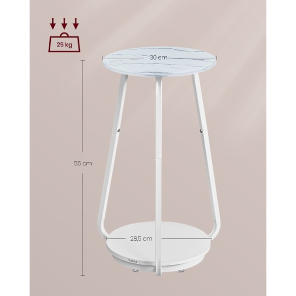 Rootz Marble Vit Runt Sidobord - Spånskiva stål Härdat glas - Liten design - 30 cm d x 55 cm H - Lättvikt - 3,9 kg - 25 kg Kapacitet