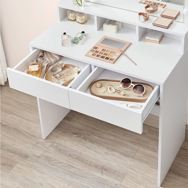 Rootz Sminkbord - Med spegel och glödlampor - Sminkbord - Upplyst spegelbyrå - Sminkbord för kosmetiska - Spånskiva - Melaminbeläggning - Vit - 80 x 4