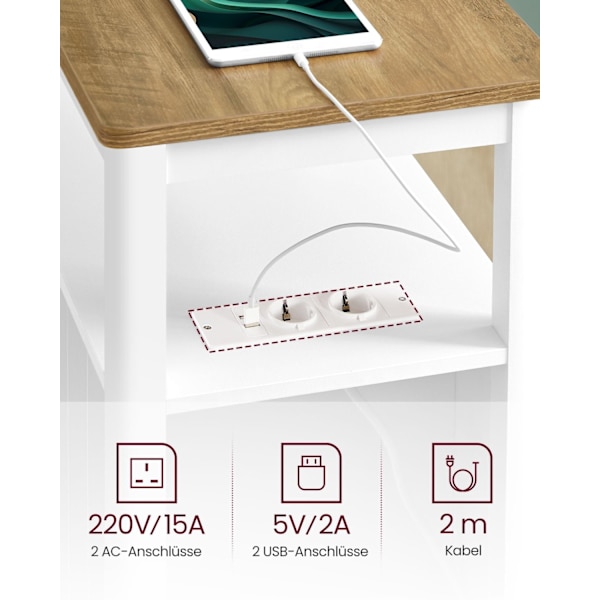Rootz Sidebord med Power Strip - Endebord - Natbord - Træspånplade - MDF - Valnød Brun-Hvid - 60 cm x 35 cm x 60 cm - 17 kg - 90 kg Max belastningskap