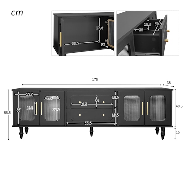 Rootz Retro TV Lowboard - Entertainment Console - Media Unit - Gott lagring - 175 cm x 38 cm x 55,5 cm