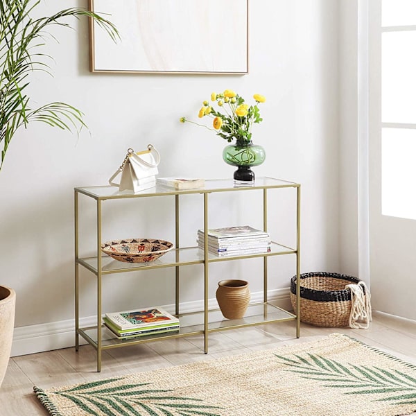 Rootz Konsolbord - Sidobord - 3 hyllor - Förvaringsställ - Glas - Metall - Guld - 100 x 30 x 73 c