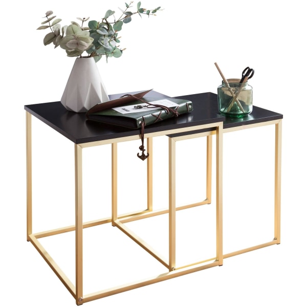 Rootz bord Svart - Guld sidobord MDF - metall - Soffbord set med 2 bord - Litet vardagsrumsbord - Metallbord med träplatta - Förvaringsbord modernt
