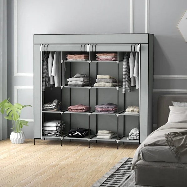 Rootz-vaatekaappi - Kangaskaappi - Ovet - 2 vaatetankoa - 10 lokeroa - Vilesstoff - Teräs - Harmaa - 166L x 42,5L x 169,5K cm