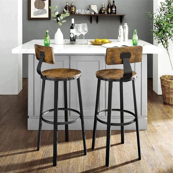 Rootz Barstole - Køkkenstole - Sæt med 2 høje barstole med ryglæn - Stålramme - Industriel - 73 cm højt sæde