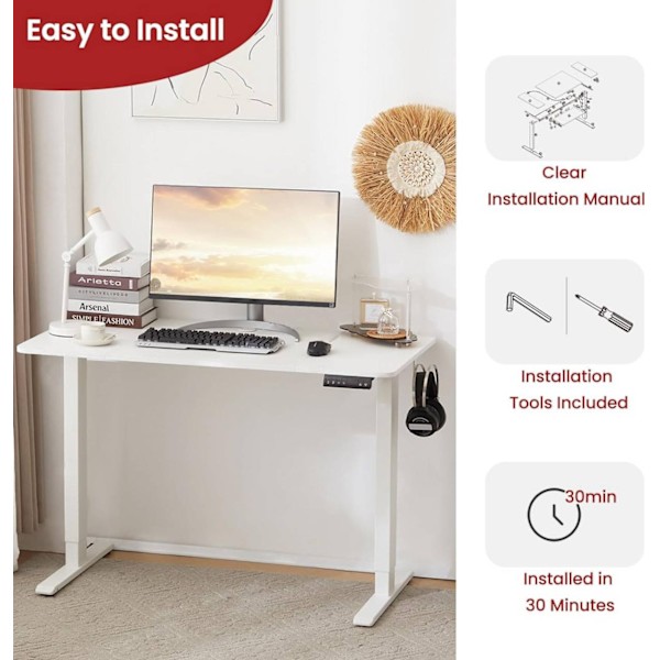 Rootz Elektrisk Højdejusterbart Skrivebord - Stående Skrivebord - Sit-Stå Skrivebord - Sundhedsmæssige fordele - 120 cm x 60 cm - T-formet stålramme