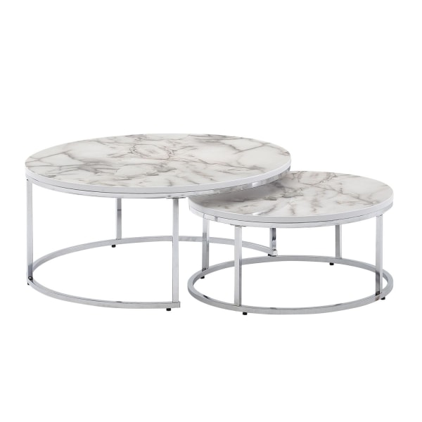 Rootz soffbordsset om 2 soffbord i vit silvermarmorlook runt modernt - Sidobord 2-delat metall - Runda vardagsrumsbord - Designa häckbord