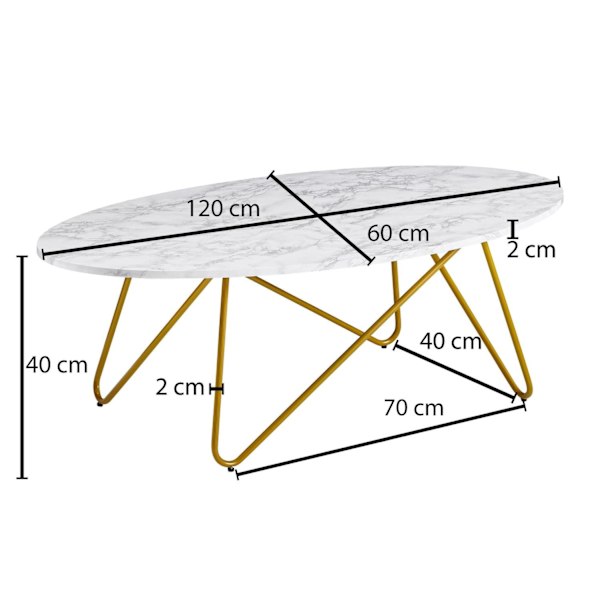 Rootz soffbord 120x40x60 cm med marmorlook vit - Vardagsbord med metallstomme - Soffbord ovalt bord vardagsrum - Loungebord