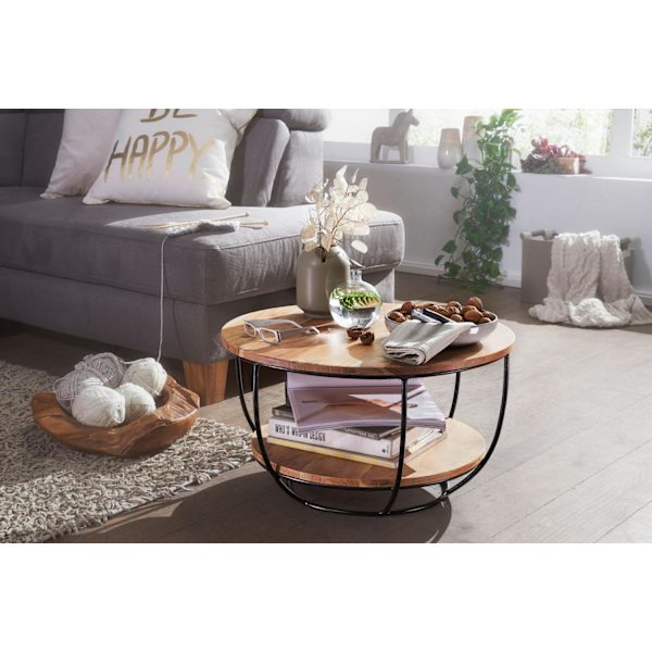 Rootz sofabord 60x34,5x60 cm akacie massivt træ - metal sofabord - Design stuebord rundt - Loungebord Industriel Brun - Bord med hylde