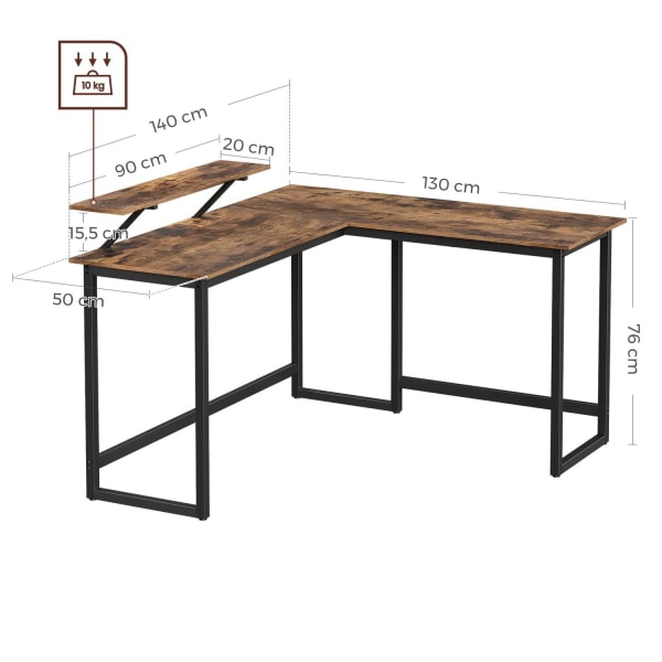 Rootz L-format skrivbord med skärmstativ för att studera, spela, arbeta - Justerbara ben - Metallram - Rustik brun - (140 x 130 x 76/91,5 cm)