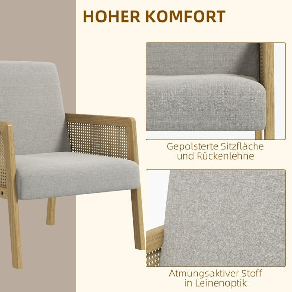 Rootz Accent Chair - Lounge Chair - Avkopplande stol - Rottinglook Armstöd - Andningsbart tyg - Golvskydd - 65,5 cm x 72 cm x 78 cm - Naturlig träram