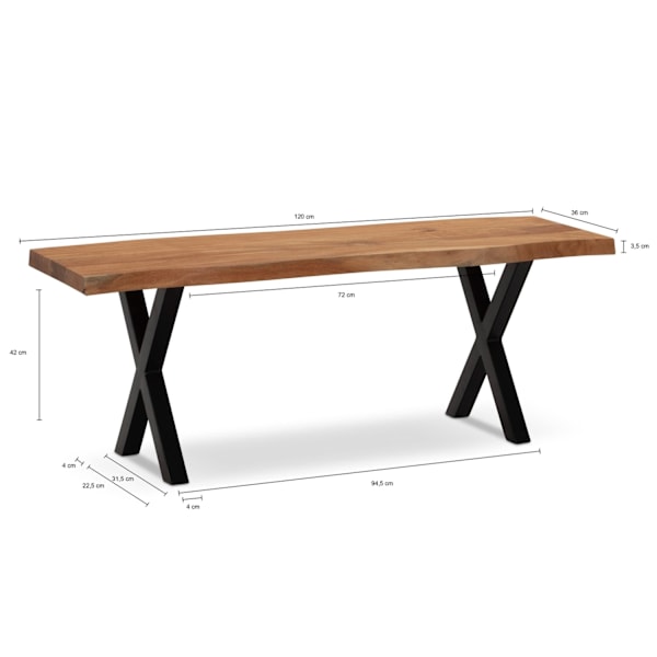 Rootz Modern Design Gangbænk - Solid entrésæde - Trækanter - Håndlavet - 120 cm x 40 cm x 45,5 cm - Akacietræ - Jernben