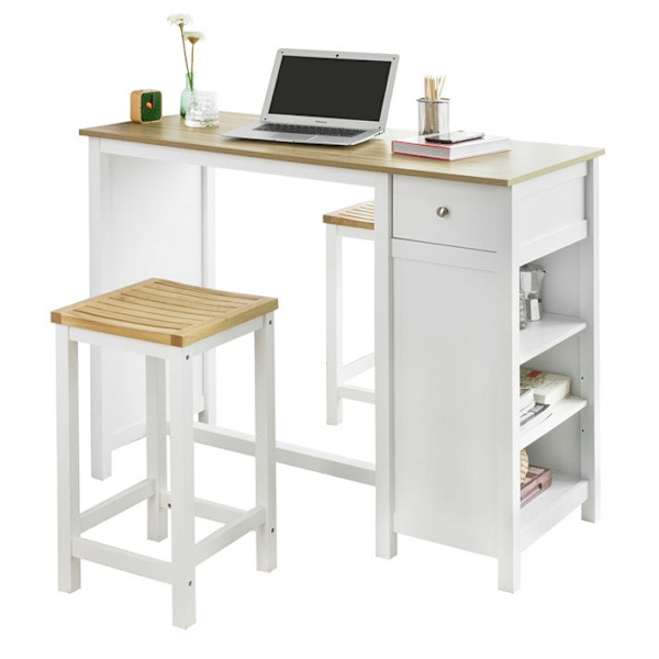 Rootz Køkkenbord Morgenmad Bar - Bistro Island - Opbevaringshylder - Forreste/bageste skuffe - PB og MDF - 120x90x55cm - Hvid - SoBuy Tabur Compatible