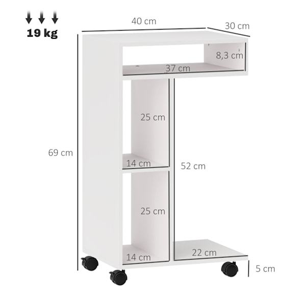 Rootz sidebord - C -formet serveringsbil - mobilarrangør - 4 hjul - effektiv opbevaring - 40 x 30 x 69 cm, robust spånplade, hvid