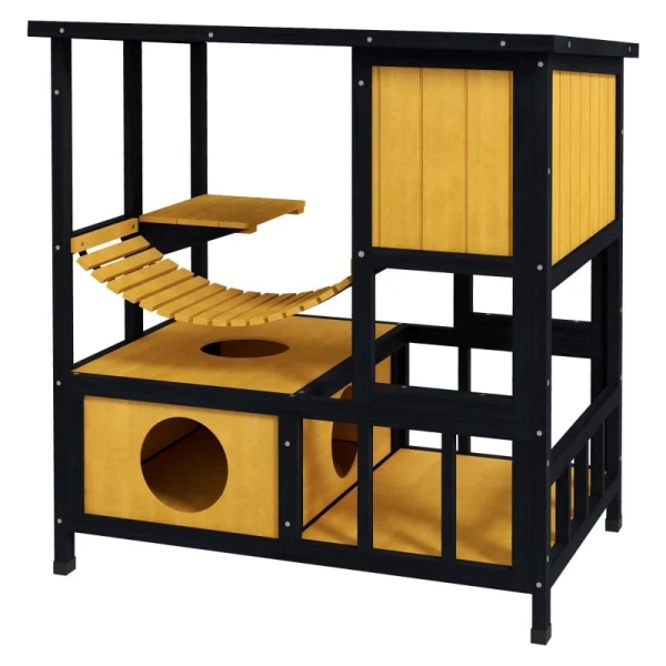 Rootz Cat House - Vejrbestandigt - Kattehule - 1 rampe - 1 platform - Trærammekonstruktion - Fyrretræ-grantræ - Sort-Gul-Grøn - 84,5L x 60W x 88H cm