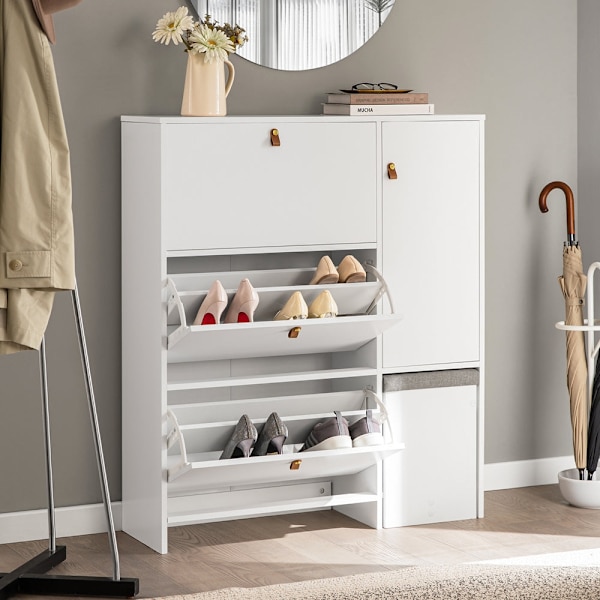 Rootz Skoskåp med pall - Skokipper - Skobyrå - Utrymmesbesparande design - Bekväma sittplatser - Mångsidig förvaring - Vit MDF - 95cm x 121cm x 30cm