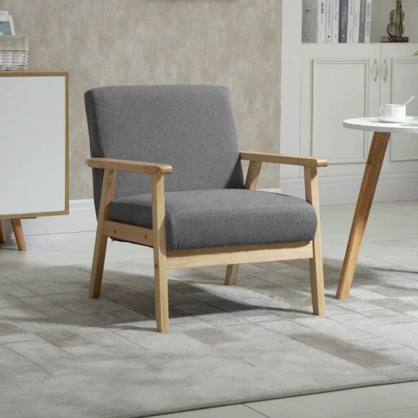 Rootz Lænestol i Scandi Design - Accent Stol - Massivt træ - Linnedlook - Grå + Natur - 64 cm x 70 cm x 72 cm
