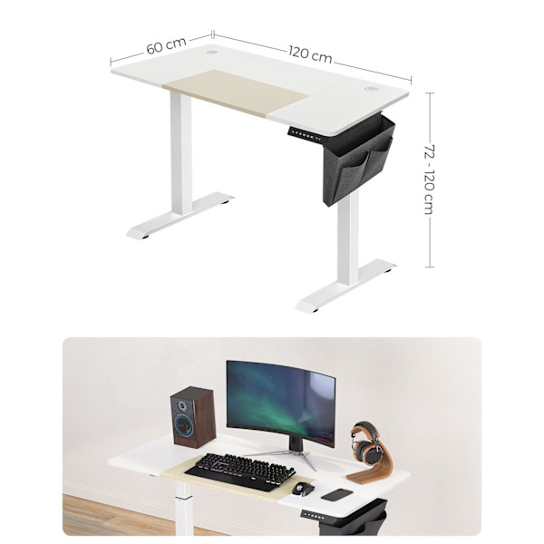 Rootz Elektrisk ståbord - Hvidt ståbord - Skrivebord med højdejusterbar - Skrivebord i spånpladestål - 60 cm x 120 cm x (72-120) cm - Max belastning 8