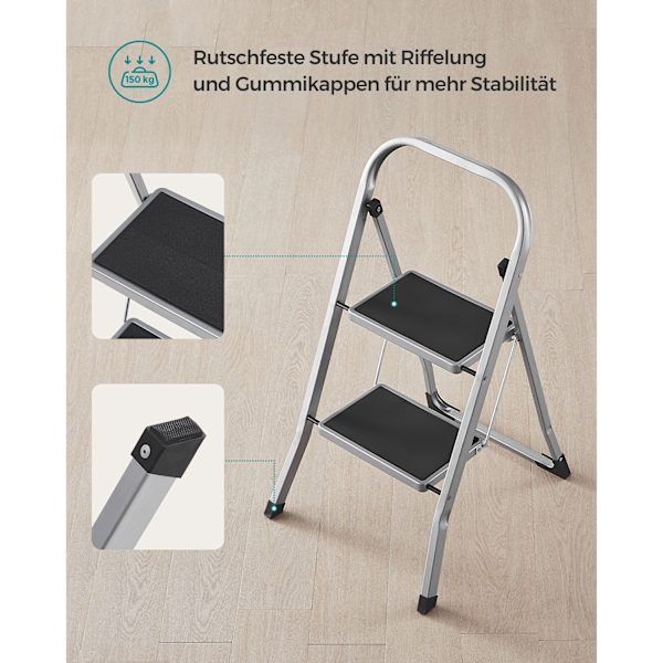 Rootz 2 Step Steel Steel - Fällbar Steppall - Grå - Stål - 45,5cm x 82cm x 55cm - Lättvikt - Max. 150 kg lastkapacitet